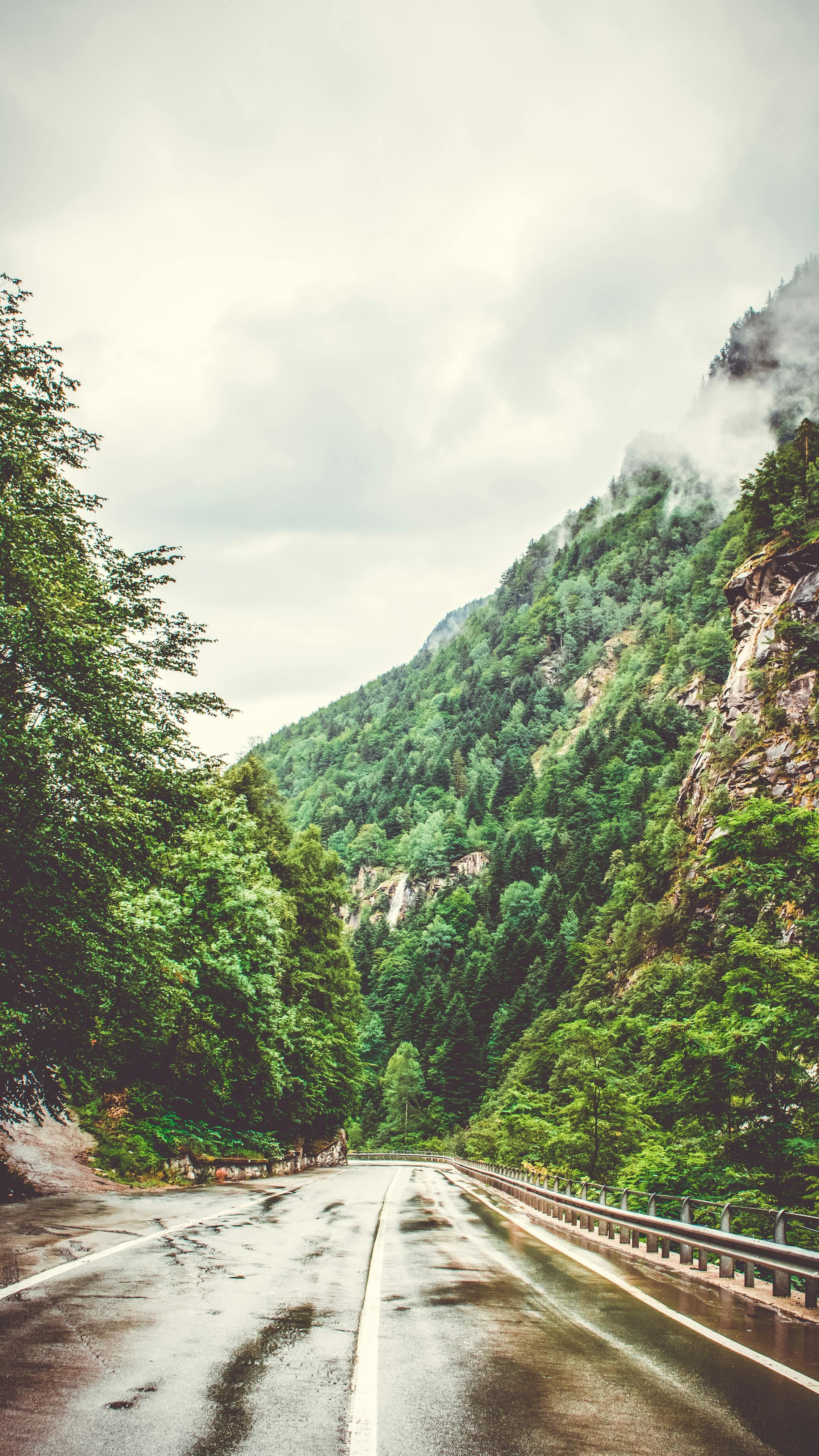 A picturesque road winding through the foggy Swiss mountains. Perfect for travel and nature enthusiasts.