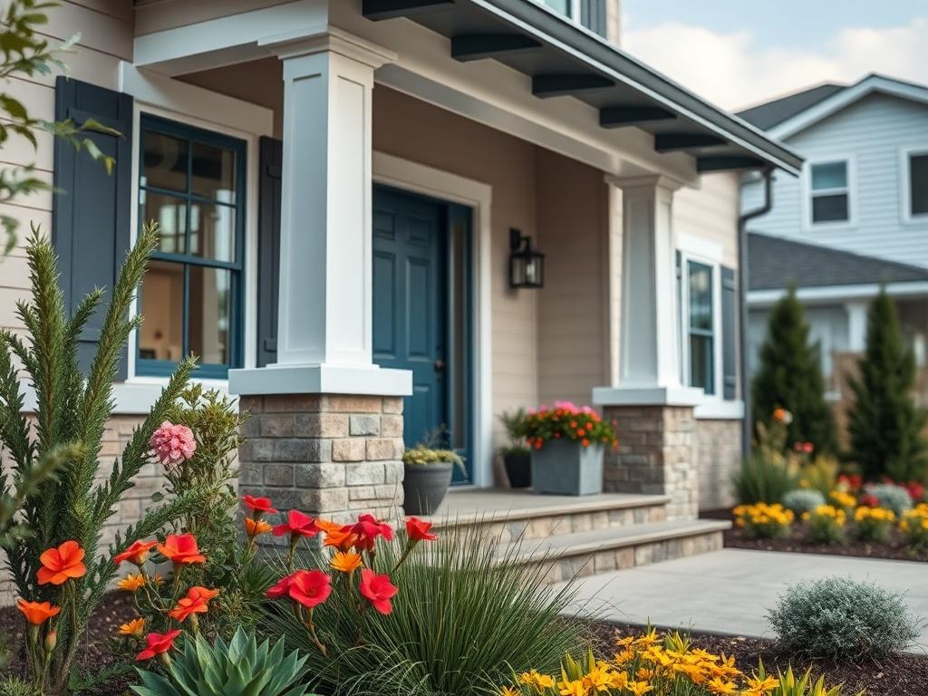 A close-up shot of a renovated home exterior, showing modern design elements and vibrant landscaping. The focus should be on the front entrance with welcoming features, bright colors, and well-maintained surroundings. The background should be subtly blurred to emphasize the home's details, shot with a 45mm f/1.2 lens.
