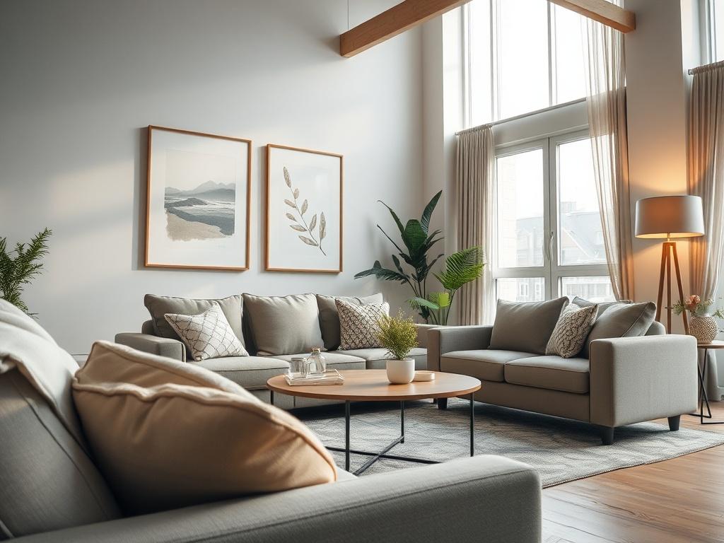 A close-up shot of a cozy, well-furnished rental apartment showcasing inviting living spaces and modern decor. The image should highlight a comfortable sofa, tasteful artwork, and natural light streaming through large windows. The background should be softly blurred to keep the focus on the interior design, shot with a 45mm f/1.2 lens.