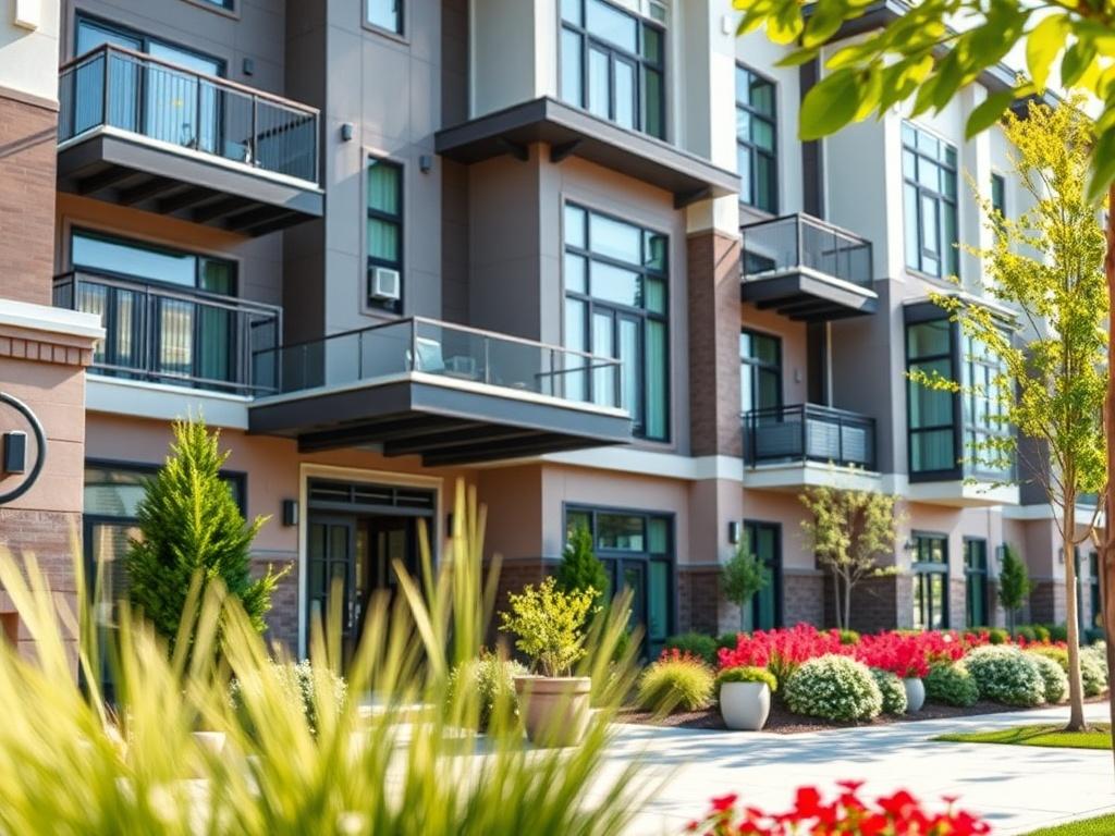 A close-up shot of a modern multifamily building with stylish architecture and vibrant landscaping. The image should capture the entrance and balcony areas, emphasizing the community aspect and inviting atmosphere. The background should be blurred to highlight the property's details, shot with a 45mm f/1.2 lens.