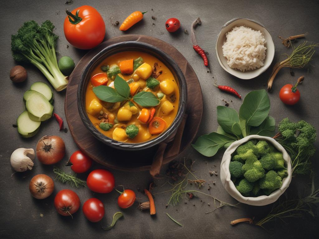 vegetable curry, spices, fresh vegetables, colorful dish, homestyle cooking