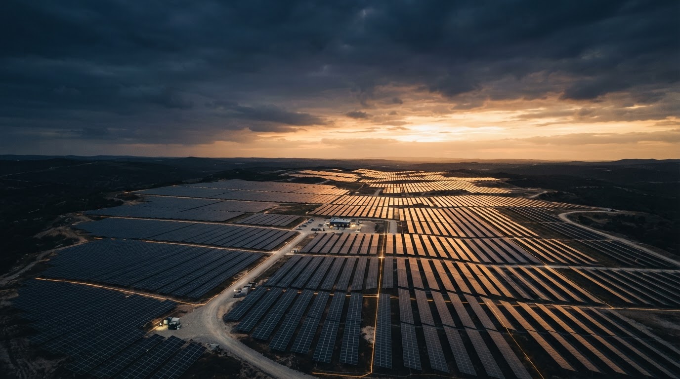 Aerial view of a vast solar panel array glowing at golden hour