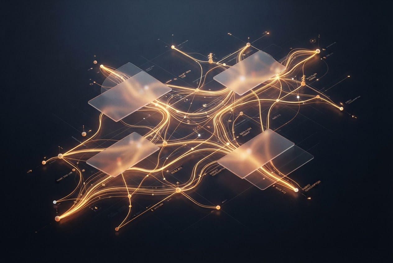 Abstract visualization of a smart energy grid with glowing warm gold data flows
