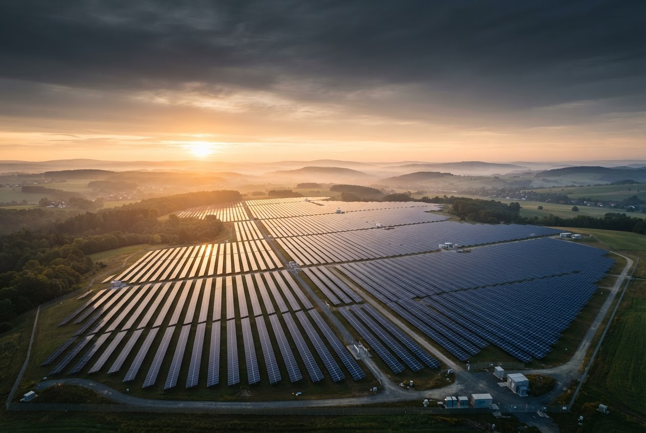 Large-scale solar farm bathed in golden sunrise light