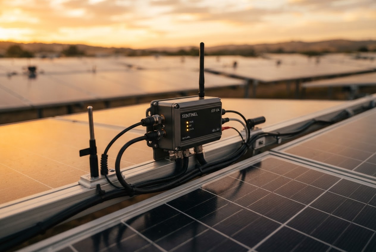IoT telemetry sensors mounted on a commercial solar panel installation