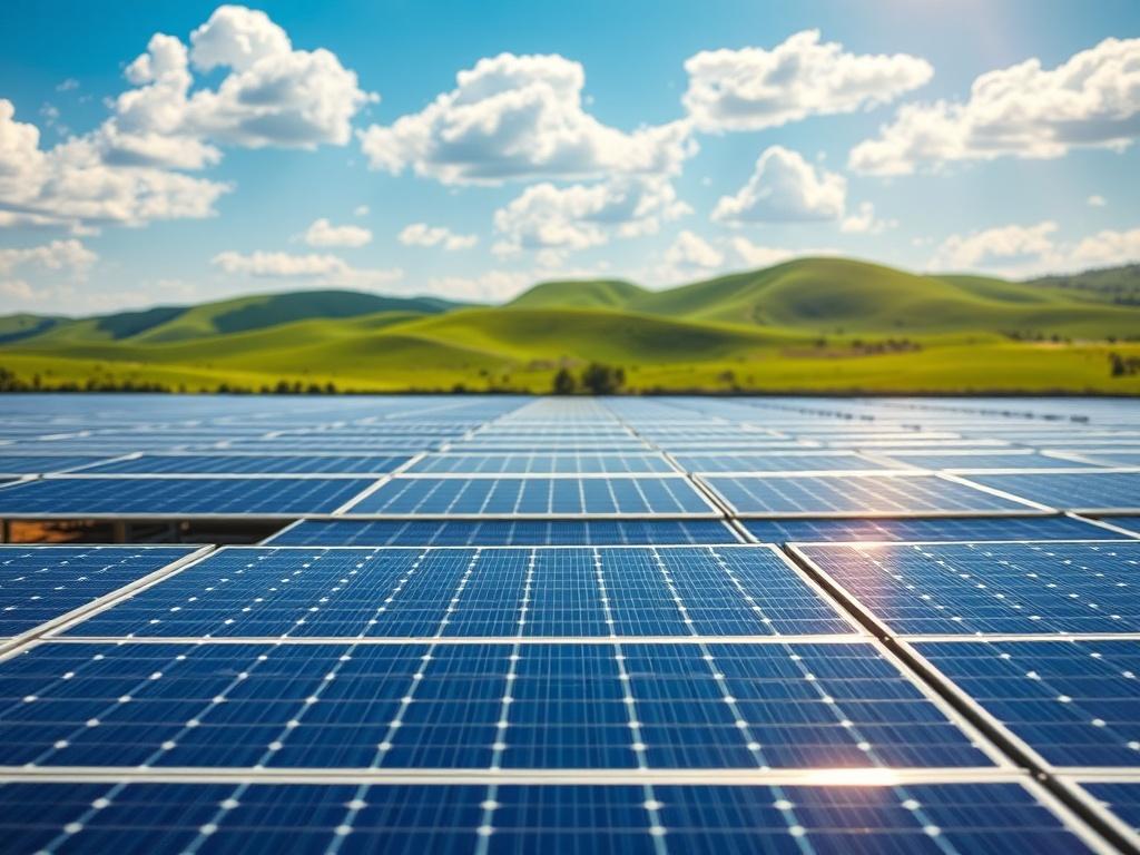 Create a realistic high-resolution image that captures the essence of utility-scale solar energy. The central subject of the image should be a large solar farm, featuring rows of glistening solar panels reflecting sunlight, symbolizing the potential and future of solar energy. 

Composition should be simple and clear, with the solar panels occupying the foreground, arranged in an orderly fashion to emphasize their scale and innovation. The background should showcase a vibrant blue sky, dotted with fluffy wh