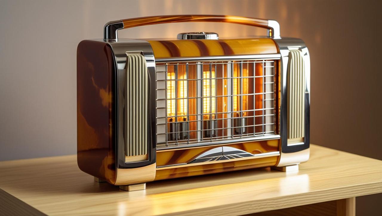 a classic tube radio that grabs attention sitting on a modern looking desk.jpg