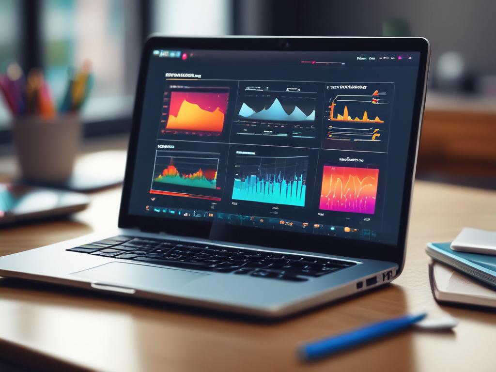 A close-up shot of a laptop displaying vibrant digital marketing analytics on the screen, with a modern workspace background. The focus is sharp on the laptop screen, showcasing colorful graphs and data visualization. The image is rendered in high-resolution with a shallow depth of field, emphasizing the subject matter while keeping the background blurred, compatible with rgb(226, 1, 1) primary color.