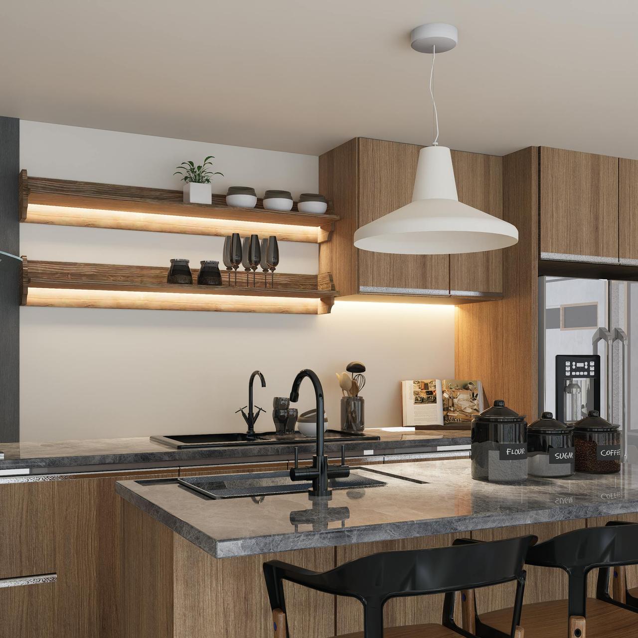 Sleek kitchen design featuring wooden cabinets, open shelves, and stylish lighting.