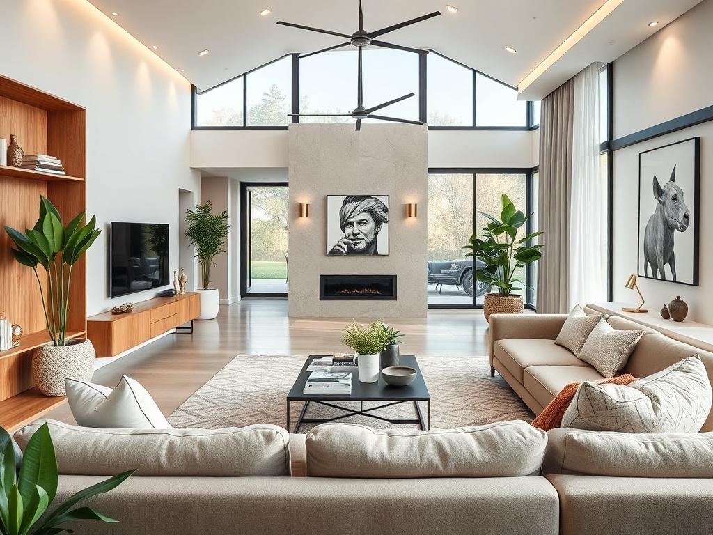 A beautifully styled interior of a modern home, showcasing innovative design elements and cozy decor, captured in hyper-realistic detail with a focus on the main living area.