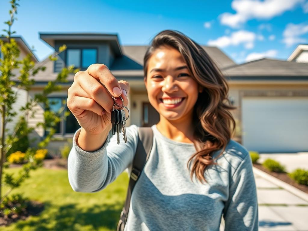 A clear and simple composition showcasing a person holding a set of house keys with a joyful expression, standing in front of a newly built modern home. The background features a well-maintained garden and a bright blue sky, conveying a sense of achievement and home ownership. The focus is on the person's face and the keys, captured in hyper-realistic detail with vibrant colors.