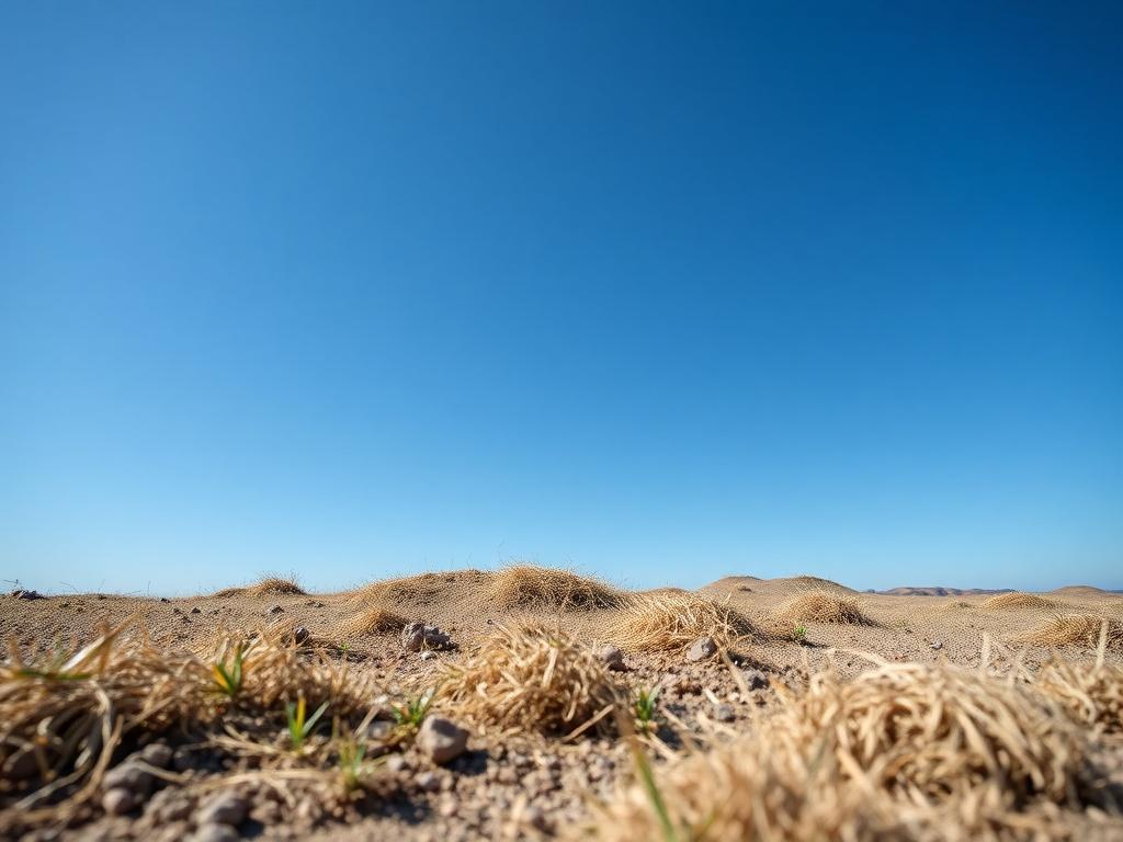 A close-up shot of a beautiful plot of land with a clear blue sky, showcasing the landscape and its potential for building, in a serene setting.