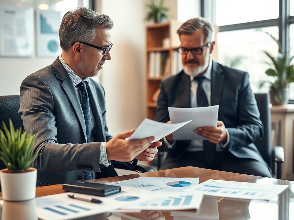 A close-up shot of a financial advisor explaining options to a client in an office, showcasing documents and charts, with a professional atmosphere.