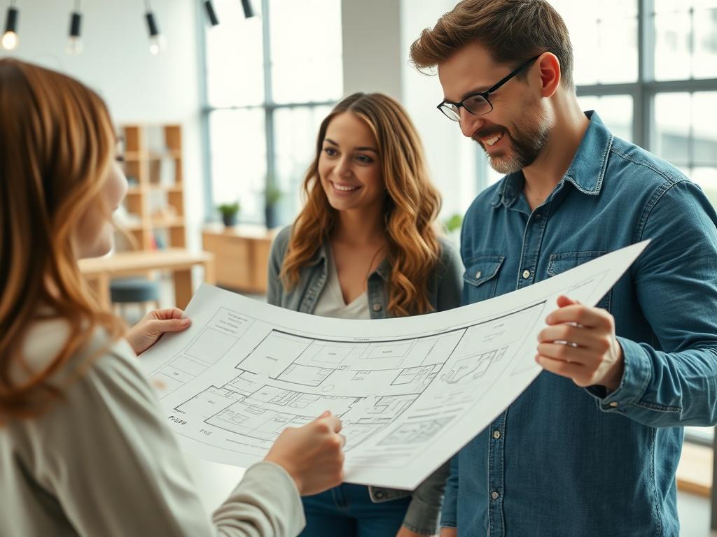 A close-up shot of a designer presenting a floor plan to a client in a bright, modern showroom, capturing excitement and creativity.