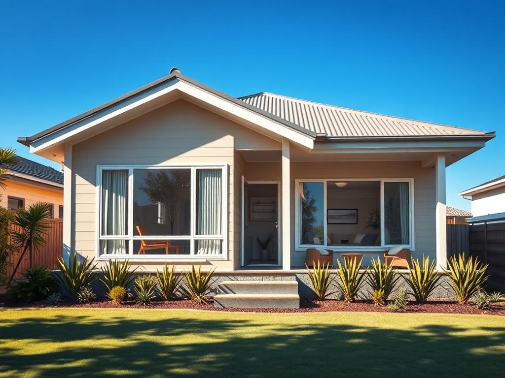 A realistic high-resolution photo of an Australian single storey home, showcasing its modern architecture and inviting outdoor space. The composition should focus on the front elevation of the house, highlighting large windows and a well-maintained garden. The background should be a clear blue sky, offering a vibrant and cheerful atmosphere. The image should reflect a sense of warmth and homeliness, inviting viewers to imagine themselves living in this beautiful space.