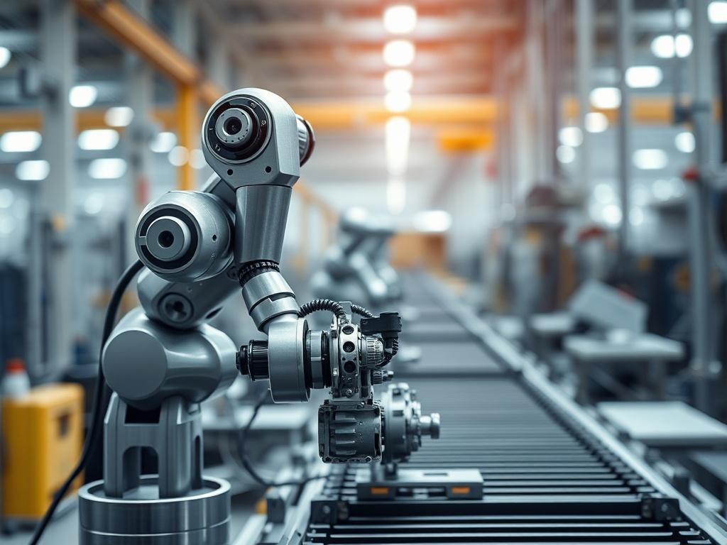 Create a highly detailed and realistic high-resolution photo that embodies the theme "The Evolution of AI in Manufacturing." The image should focus on a solitary, modern robotic arm actively assembling a complex mechanical component on a factory assembly line. Capture the sleek design of the robotic arm and highlight its intricate joints and shiny metallic surfaces. 

The background should show a clean, well-lit manufacturing environment, featuring blurred outlines of other machinery and production tools, e