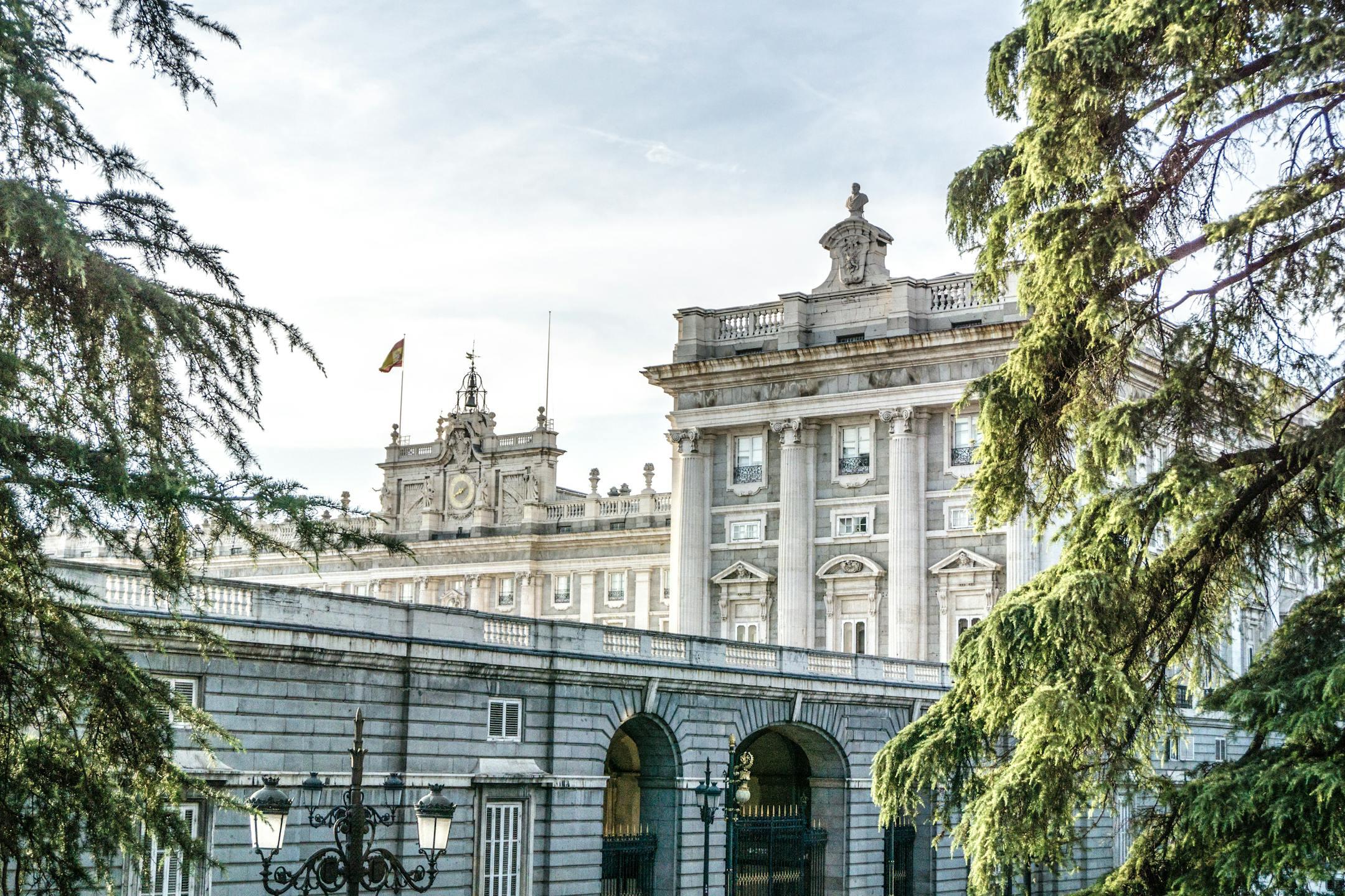 View of the Royal Palace of Madrid with surrounding trees under a clear sky.