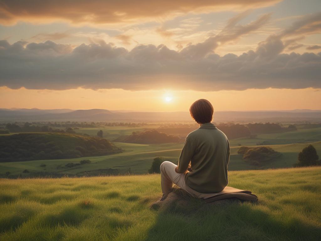 A serene landscape with soft, gentle lighting, featuring a single