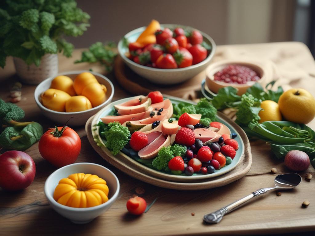 a vibrant, healthy meal on a table, natural lighting, warm