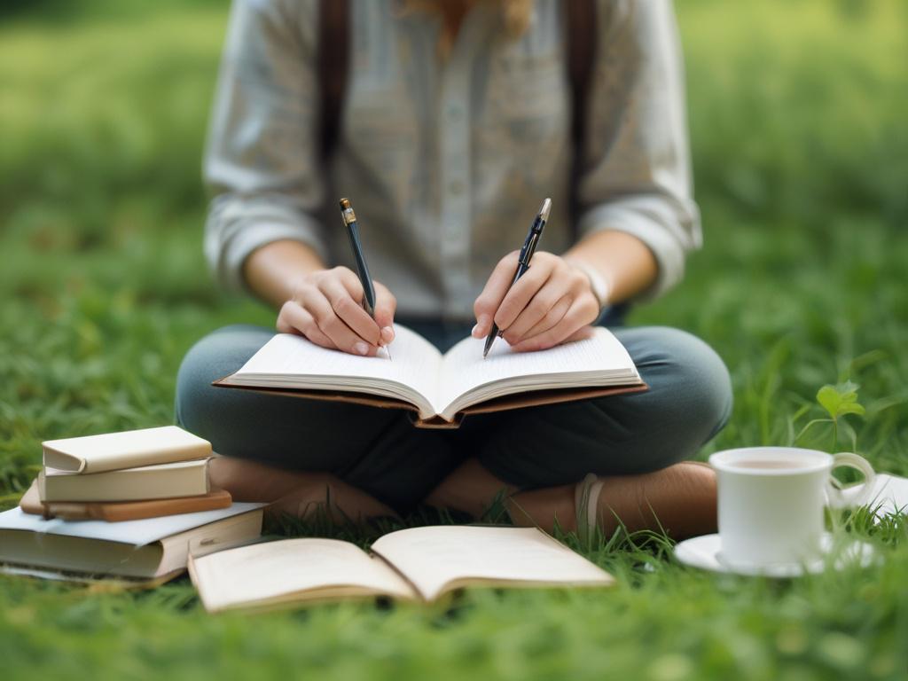 a peaceful and serene setting, a person reflecting with a