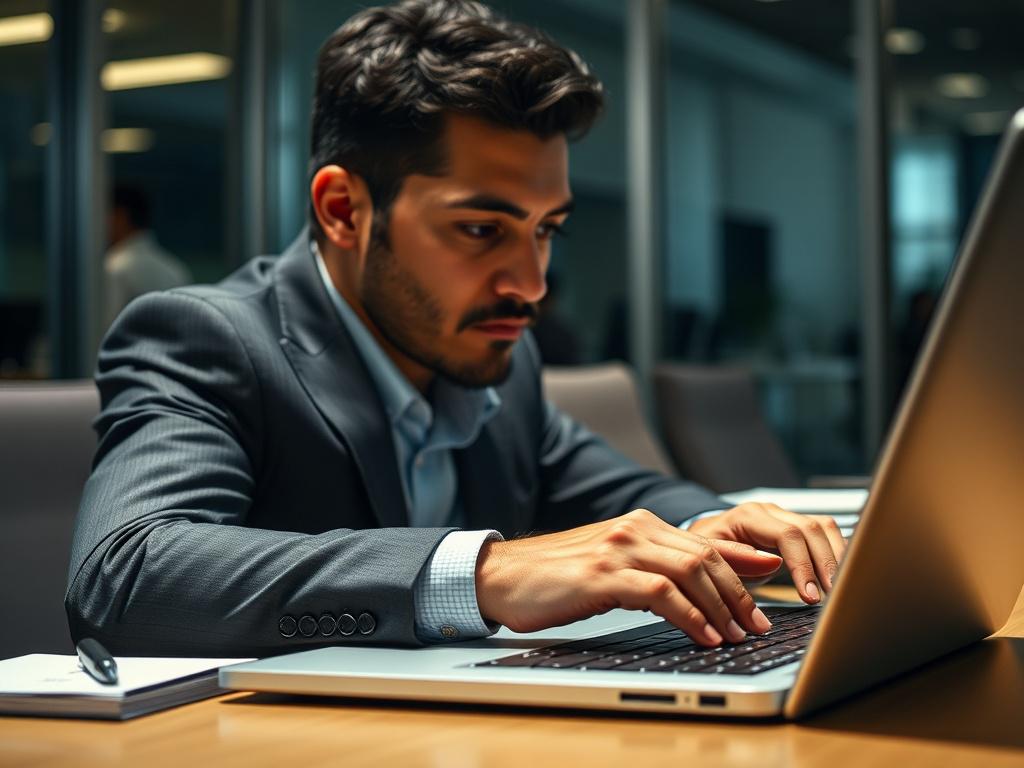A close up shot of a focused business professional typing