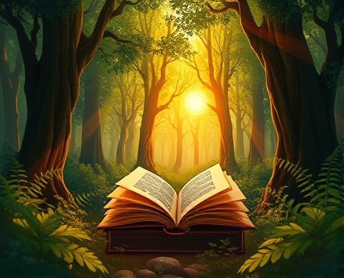 Mystical forest with books illustration