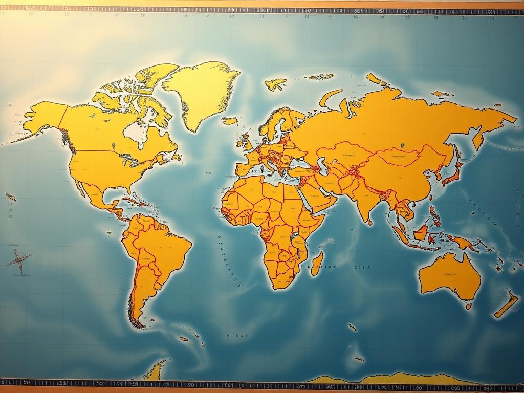 A high-resolution image depicting a detailed world map with various strategic markers, illustrating the concept of global strategy warfare. The image should feature vibrant colors and clean lines, focusing on the map's essential elements, such as countries and military routes. There should be no text or abstract shapes, only a clear representation of the strategic planning involved in a global conflict.