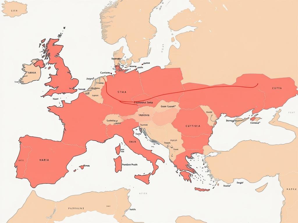 A realistic high-resolution image depicting a strategic map with various countries outlined, showing highlighted routes for attack and defense. The map should feature vibrant colors, clean lines, and a minimalistic design, with a focus on essential elements like borders and key cities. The background should be simple, emphasizing the map's details without distractions.