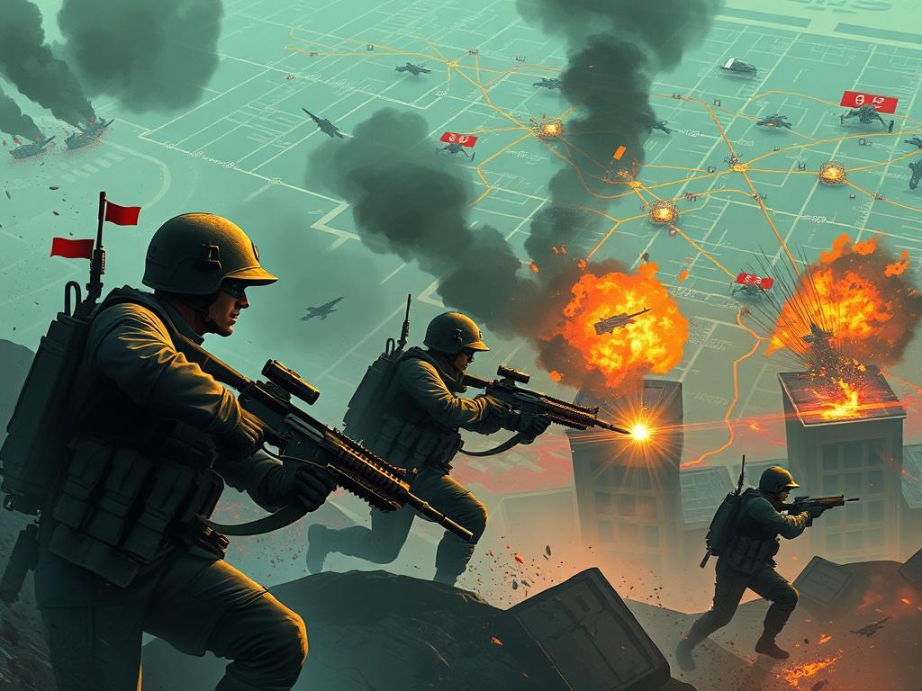 A battlefield scene showing players in action, with soldiers attacking a city and commanders coordinating via radios. There’s chaos and urgency, with vibrant colors depicting movement and strategy. The background includes a digital map displaying real-time changes in the battle, highlighting the intensity of the moment.