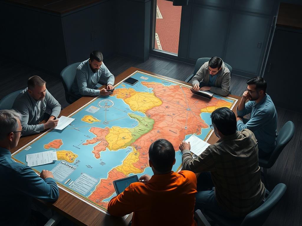 A strategic war room scene with a large map on a table, players collaborating over plans. The room is dimly lit, focusing on the map with vibrant colors indicating different attack routes and defense zones. Players are engaged in discussion, pointing at the map, with papers and devices scattered around, depicting a serious planning environment.