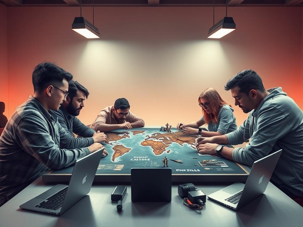 A realistic high-resolution photo showcasing a diverse group of gamers collaborating around a table with a world map, strategizing military tactics. The atmosphere is intense and focused, with a warm glow from overhead lights highlighting their expressions. The background is minimalistic, featuring game pieces and laptops, emphasizing teamwork and strategy.
