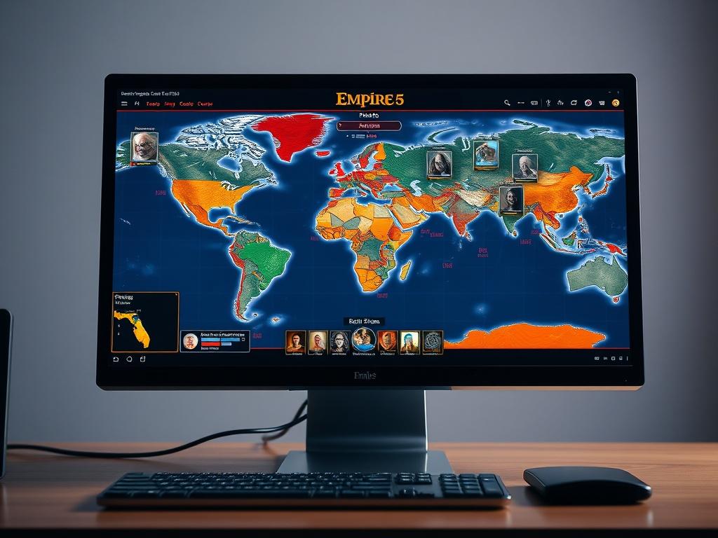 A realistic high-resolution photo of a computer screen displaying the Empire 15 game interface with strategic maps and graphics. The screen shows a vibrant and detailed world map with highlighted territories and icons representing player roles. The background is softly blurred, focusing on the screen's activity and the excitement of strategy gaming.
