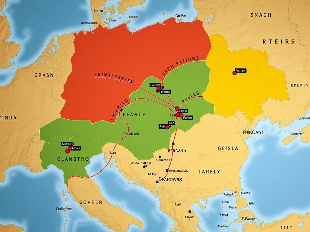 An interactive map showcasing the Strategic Planning Mode in Empire 15, highlighting marked attack routes and defense zones with vibrant colors and clear annotations.