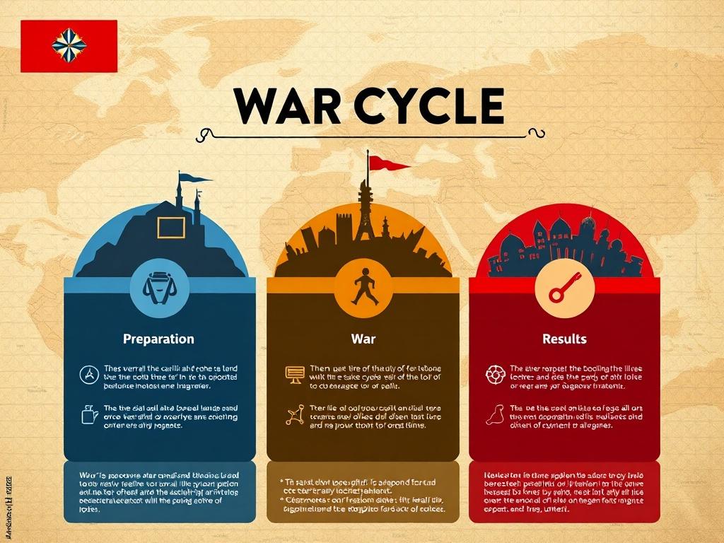 A detailed infographic illustrating the three phases of the War Cycle in Empire 15, featuring distinct sections for Preparation, War, and Results, with engaging icons and a world map background.