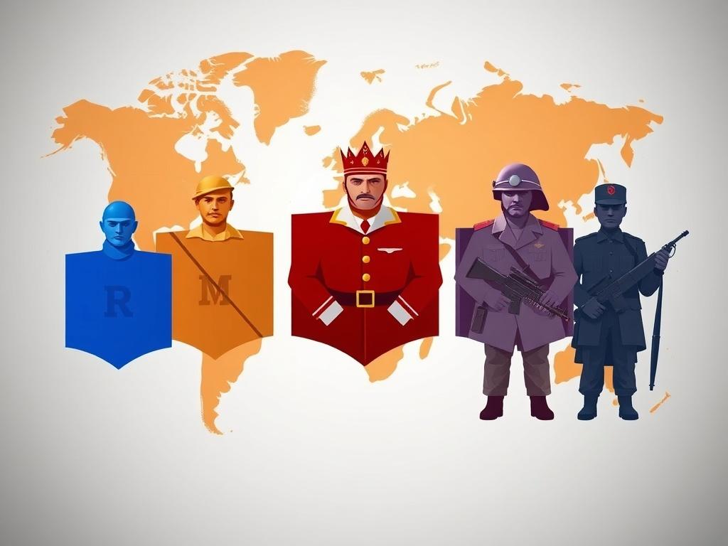 A visually engaging representation of the various player roles in Empire 15, featuring icons for Leader, Commander, Economist, Intelligence Officer, and Soldier, set against a backdrop of a world map.