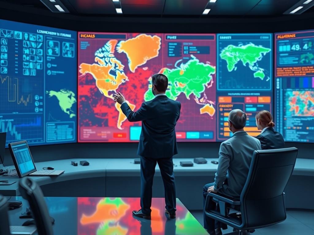 A confident leader standing at a digital command center, overseeing