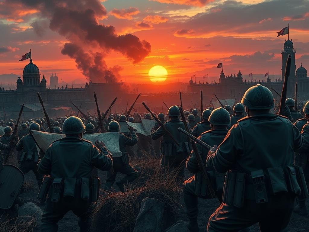 A tense battlefield scene with soldiers executing a coordinated attack