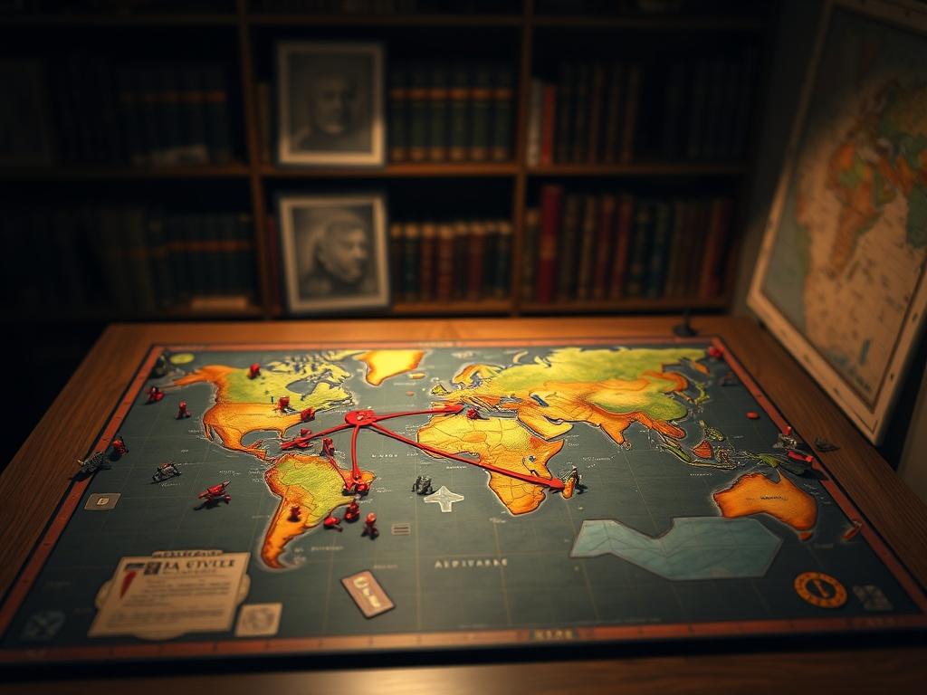 Create a realistic high-resolution image that illustrates the concept of a "War Cycle" in the game Empire 15. The composition should be simple and clear, focusing on a single, visually striking subject: a detailed strategic game board set in a dimly lit room. 

The game board should feature a meticulously designed world map with marked territories, arrows indicating attack routes, and various tokens representing military units. The colors on the map should be vibrant, showcasing a mix of deep greens, rich b