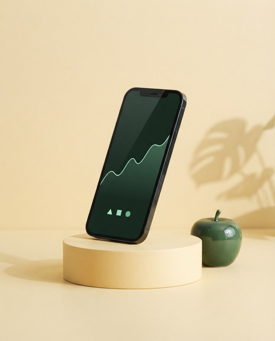 A Wealthsimple-style investing app on a phone, styled with a green apple on a warm yellow pedestal