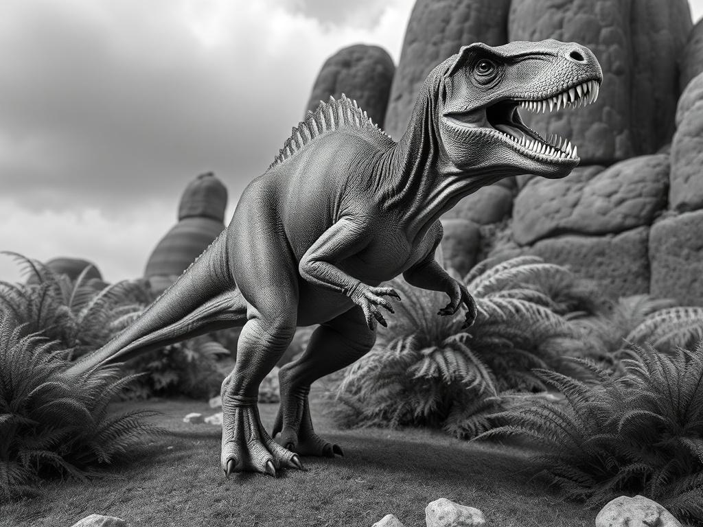 A realistic high-resolution photo of a hybrid dinosaur, showcasing a combination of a T-Rex and a Velociraptor. The dinosaur should be depicted in a dynamic pose, capturing its powerful presence. The background should be a prehistoric landscape with ferns and rocky formations, rendered in black and white to emphasize the detail of the creature. The image should have a clear focus on the hybrid dinosaur, with a simple composition that highlights its unique features.