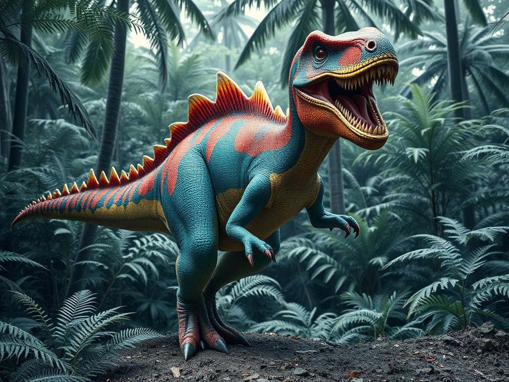 A realistic high-resolution photo of a hybrid dinosaur, showcasing a vibrant blend of two distinct dinosaur species. The dinosaur should be in a dynamic pose, with a lush prehistoric jungle background featuring ferns and tall trees, enhancing the sense of adventure. The creature should have vivid scales, combining colors from both species, and a fierce yet majestic expression. The overall composition should be clear and focus on the hybrid dinosaur as the singular subject.