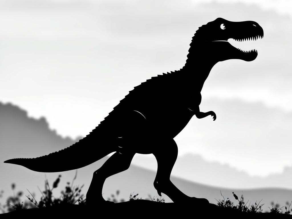 Create a realistic high-resolution black and white image featuring a single dinosaur silhouette that embodies the concept of creativity in name-making. The subject should be a majestic dinosaur, such as a Tyrannosaurus rex or a Brachiosaurus, positioned in a dynamic pose to convey energy and imagination. The dinosaur should have intricate details, showcasing its scales and features, while maintaining a prominent silhouette against a soft, blurred background that suggests a prehistoric landscape without any 