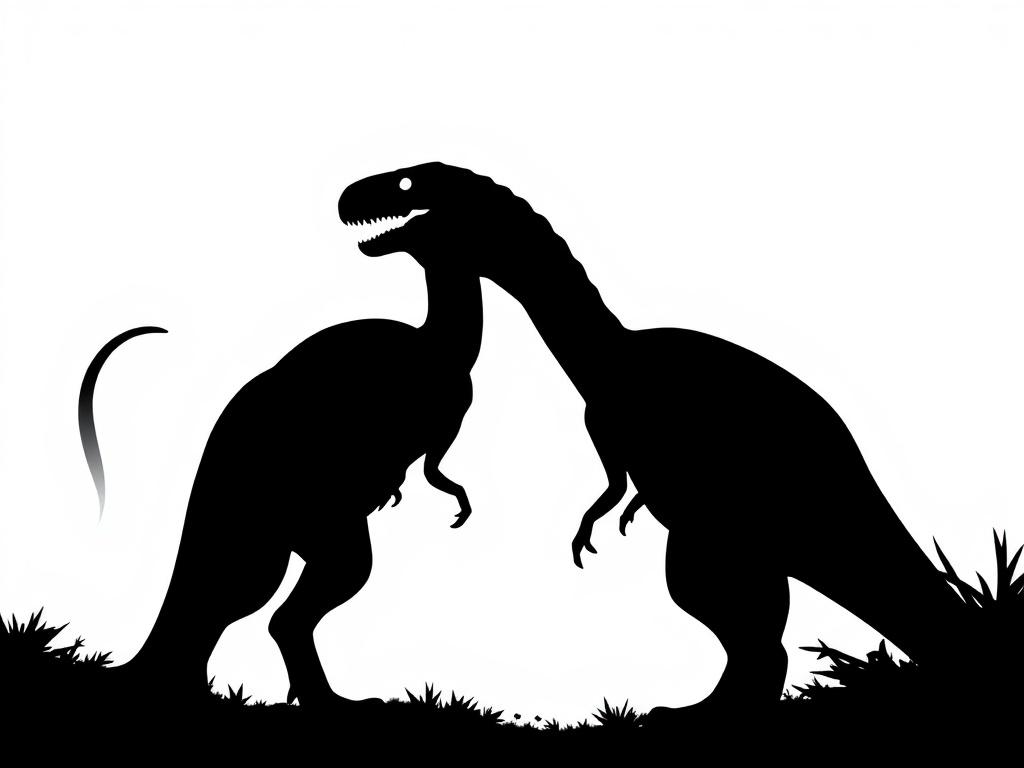 A striking black and white image featuring two dinosaur silhouettes side by side, set against a clean, minimal background. The dinosaurs should be different species, showcasing contrast. Their poses should convey a sense of companionship or teamwork, symbolizing the idea of collaboration in creating combined names. The image should be sharp and engaging, without text or abstract shapes.