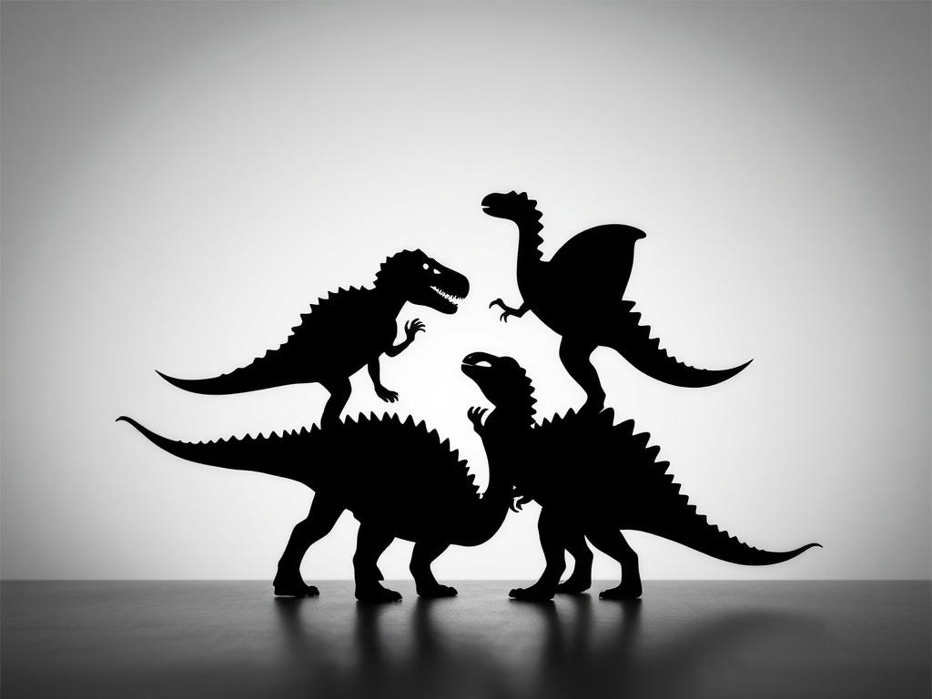 A captivating black and white image showcasing four dinosaur silhouettes arranged in a circular pattern, creating a sense of unity. Each dinosaur should represent a different species, highlighting diversity. The background should be simple and unobtrusive, allowing the focus to be on the dinosaurs. The overall composition should evoke a sense of creativity and collaboration without any text or abstract shapes.