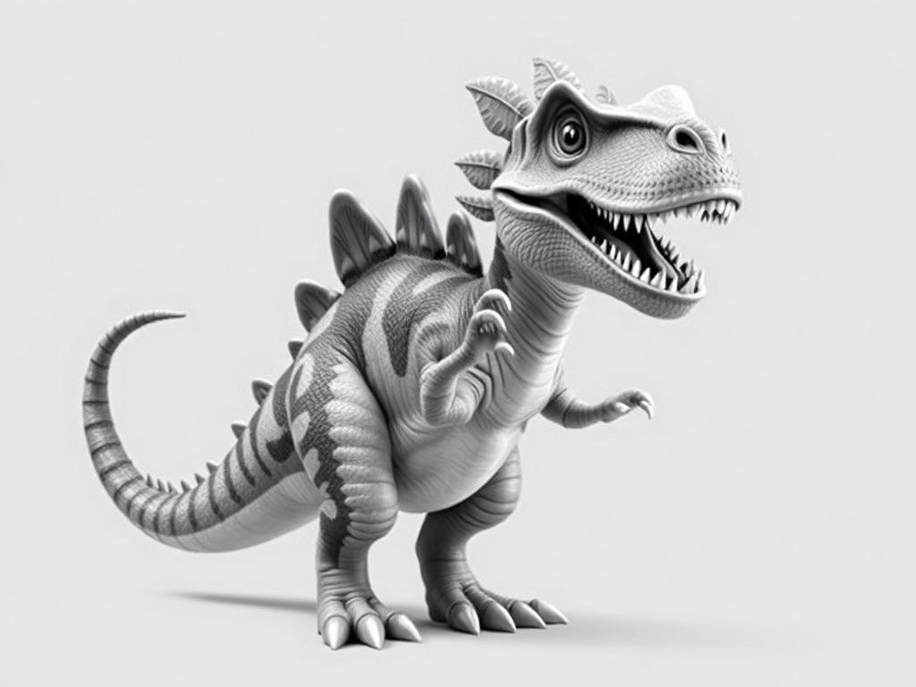 A realistic black and white image of a playful dinosaur hybrid, featuring elements from two or more distinct dinosaurs. The background should be simple and unobtrusive, allowing the hybrid dinosaur to be the focal point. The dinosaur should have a whimsical expression, showcasing creativity and fun, while maintaining realistic anatomical details. The overall composition should be clear and inviting, appealing to dinosaur enthusiasts.