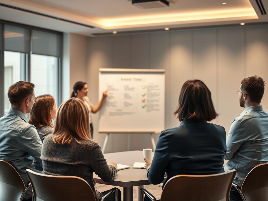 A corporate training session in progress, with a facilitator guiding a group of professionals. The participants are engaged in discussions, with a flip chart displaying key points. The atmosphere is collaborative and focused.