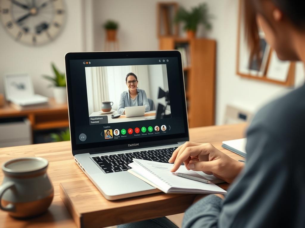 A laptop screen displaying a live webinar session on professional communication. The background features a cozy home office setting. A person is seen taking notes while participating, emphasizing the online learning environment.