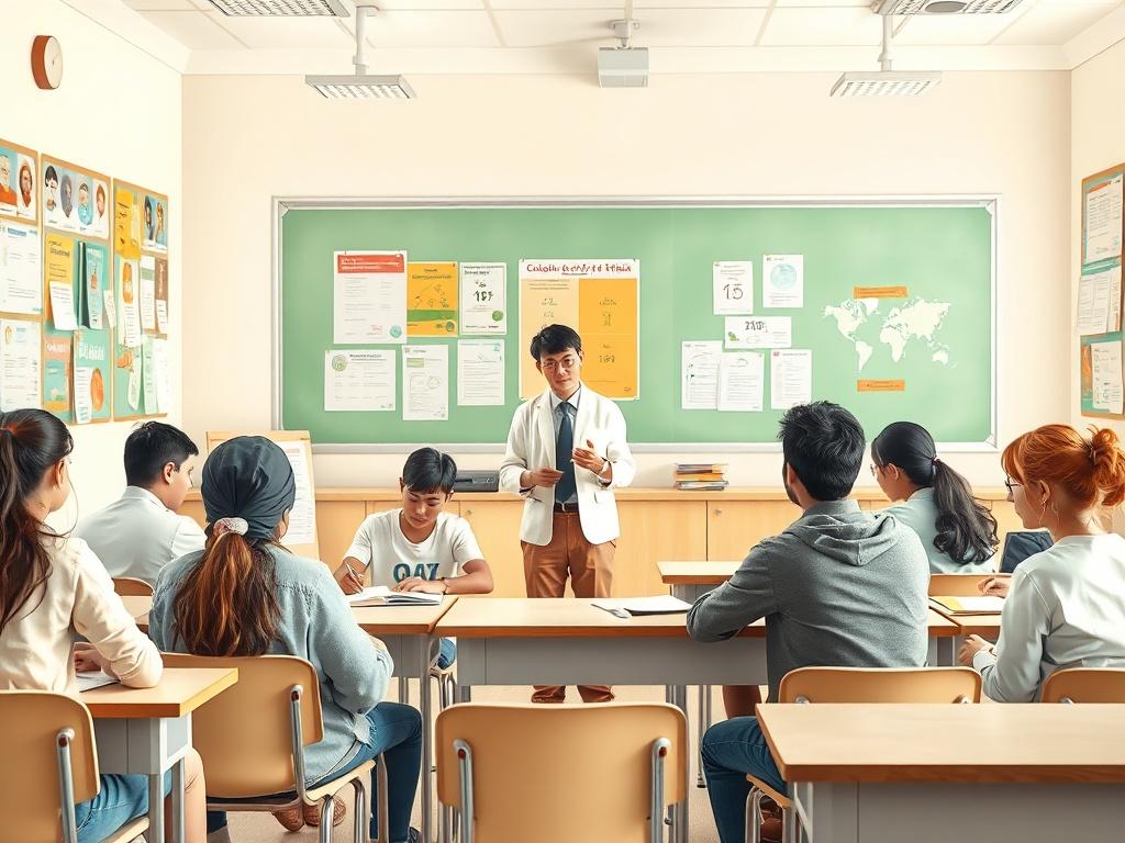 A classroom scene with diverse students engaged in learning English. The room is bright and welcoming with educational posters on the walls. An instructor is leading a discussion at the front, while students work together in small groups, showcasing collaboration and interaction.