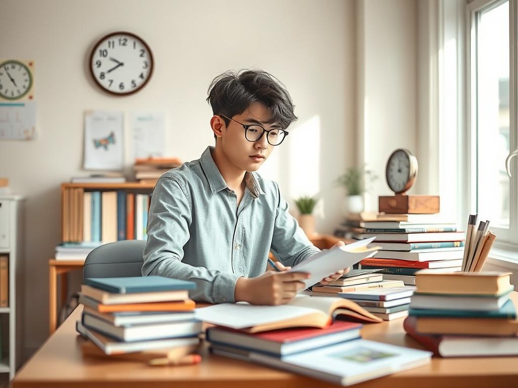 A student studying for the IELTS or TOEFL exam at a desk filled with study materials. The room is well-lit and organized, with a clock showing time management importance. The student appears focused and determined, surrounded by books and notes that emphasize exam preparation.