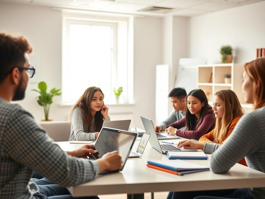 A high-resolution photo of a diverse group of students engaged in an English training session, seated around a table with laptops and notebooks in a bright, inviting classroom. Soft tones and gentle lighting create a warm atmosphere.